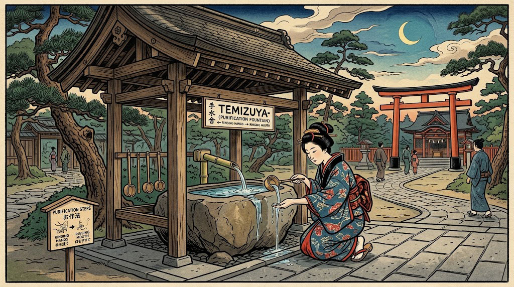 A visitor purifying hands and mouth at a temizuya fountain