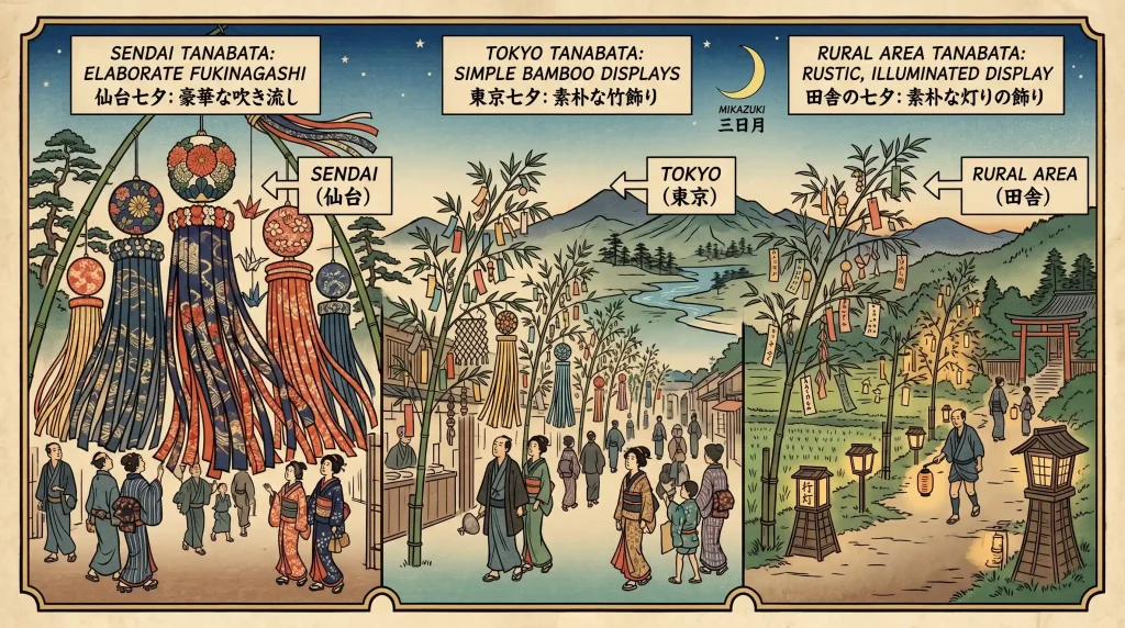 Modern Tanabata festival decorations with bamboo and colorful wishes