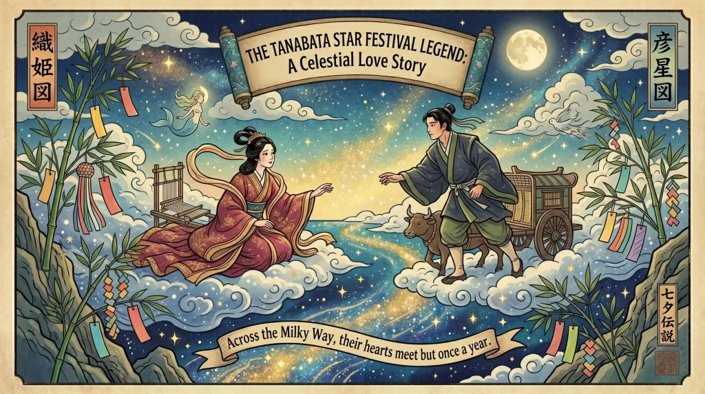 Tanabata Star Festival legend art, Orihime and Hikoboshi gazing