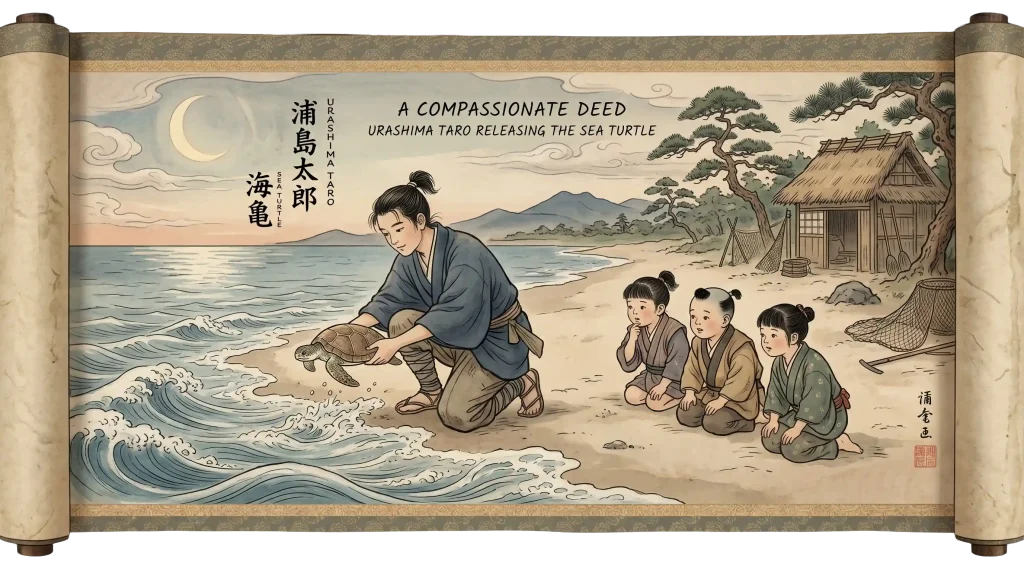 Ancient scroll depicting Urashima Taro saving the turtle