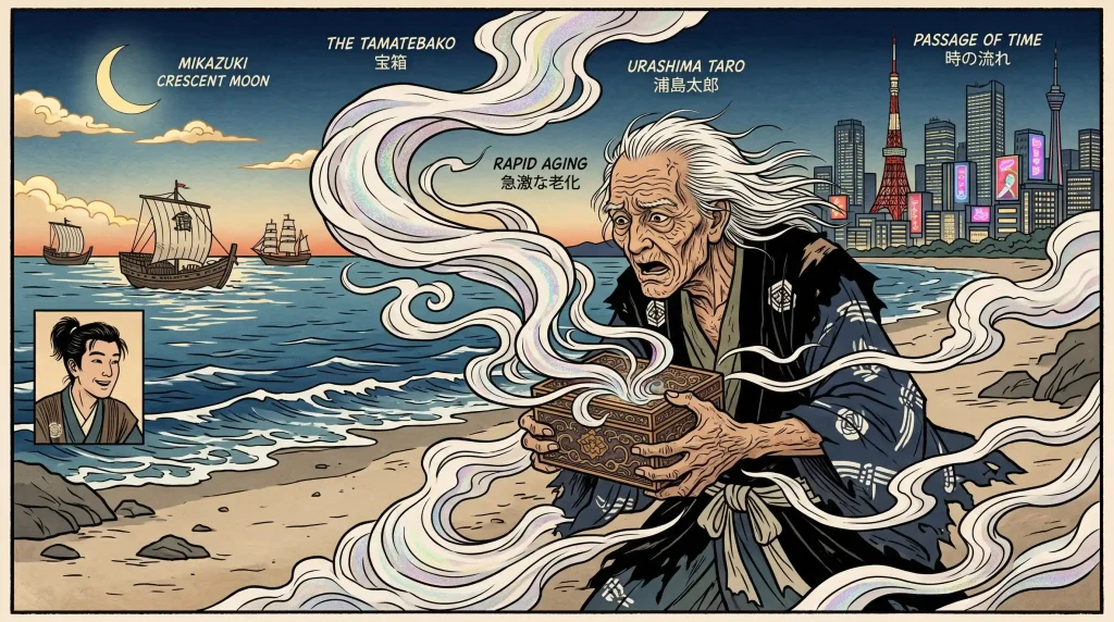 Urashima Taro opening the Tamatebako box, aging rapidly