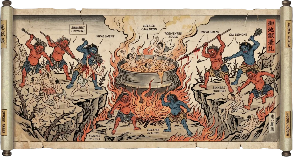 Ancient scroll depicting Jigoku Buddhist hell torments