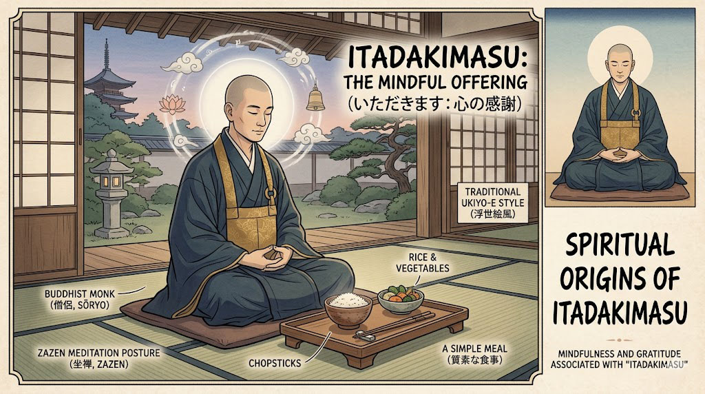 Buddhist monk meditating with rice bowl, representing spiritual origins of itadakimasu.