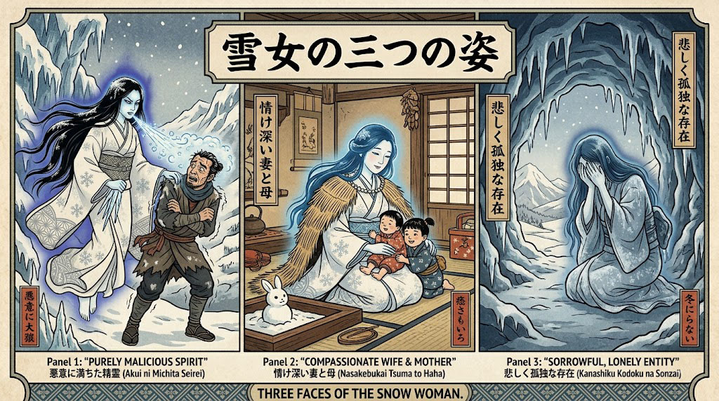 Comparison of 3 Yuki-Onna variants: a malicious spirit, a compassionate wife, and a lonely entity in a snowy cave.