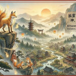 Atmospheric ukiyo-e banner of a majestic nine-tailed kitsune overlooking a misty Japanese village at dawn with golden foxfire.