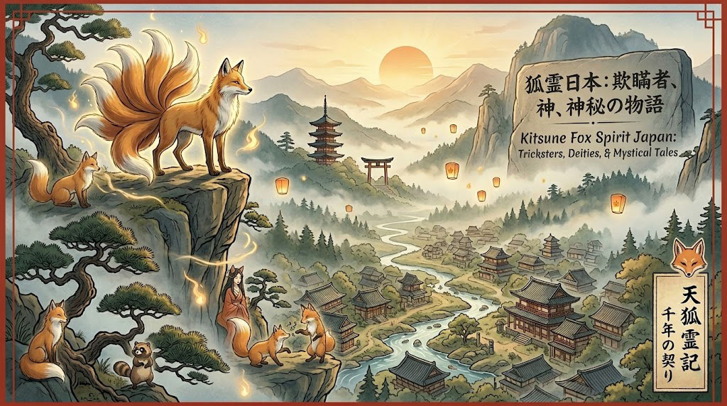 Atmospheric ukiyo-e banner of a majestic nine-tailed kitsune overlooking a misty Japanese village at dawn with golden foxfire.