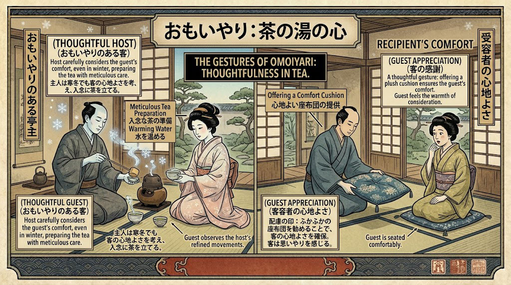 Traditional Japanese art depicting Edo period villagers showing Omoiyari
