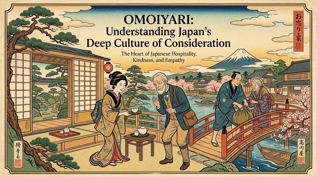 Japanese concept of Omoiyari illustrated with people interacting respectfully