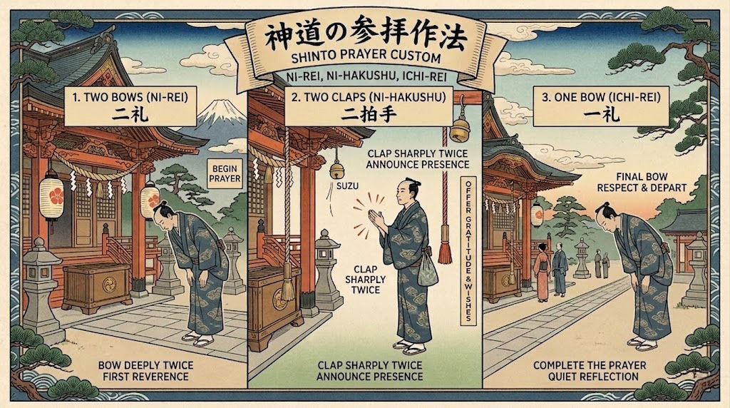 A visitor performing the two bows, two claps, one bow prayer ritual at a shrine.