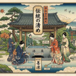 A visitor respectfully bowing at a torii gate, symbolizing Japanese shrine etiquette.