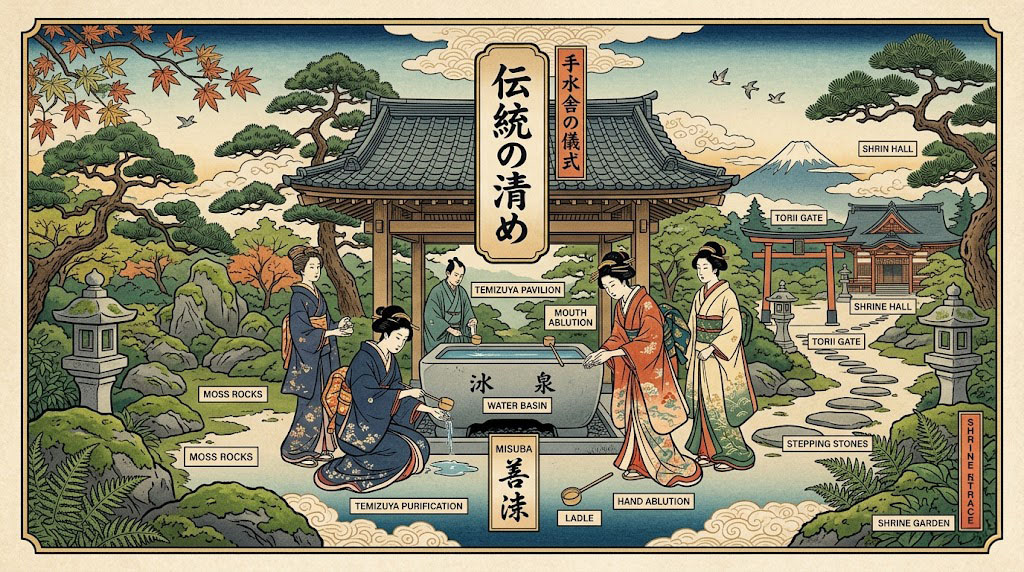 A visitor respectfully bowing at a torii gate, symbolizing Japanese shrine etiquette.