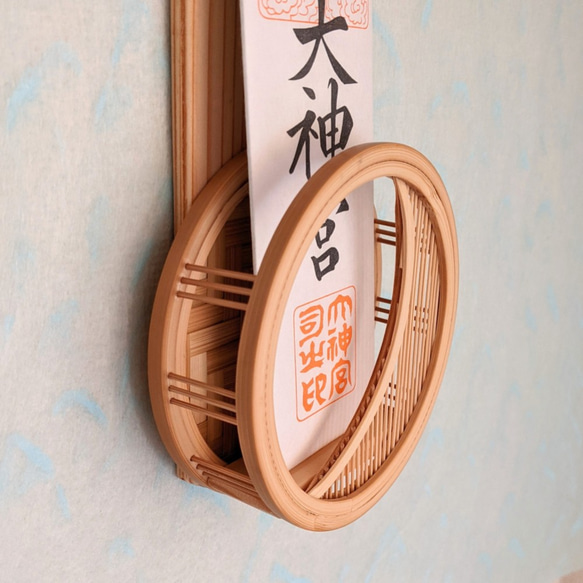 Modern wall-mounted wooden kamidana ofuda holder featuring a delicate bamboo crescent moon design and cedar backplate – view 2