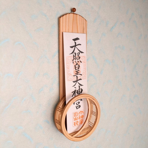 Modern wall-mounted wooden kamidana ofuda holder featuring a delicate bamboo crescent moon design and cedar backplate – view 3