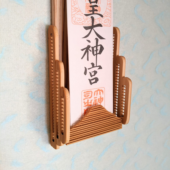 Modern wall-mounted wooden Shinto altar and Ofuda stand featuring a Mount Fuji design crafted from fine bamboo splints on Japanese cedar. – view 2