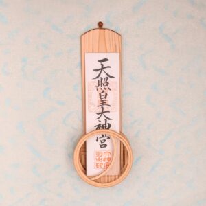 Modern wall-mounted wooden kamidana ofuda holder featuring a delicate bamboo crescent moon design and cedar backplate