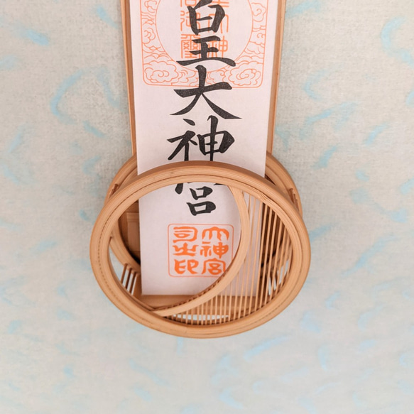 Modern wall-mounted wooden kamidana ofuda holder featuring a delicate bamboo crescent moon design and cedar backplate – view 4