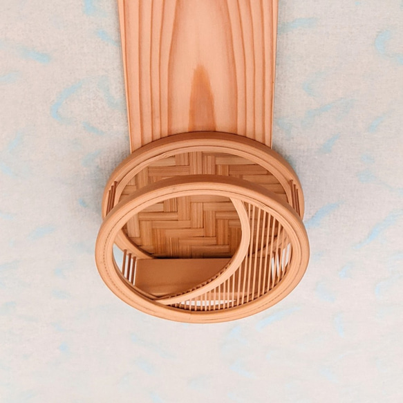 Modern wall-mounted wooden kamidana ofuda holder featuring a delicate bamboo crescent moon design and cedar backplate – view 5