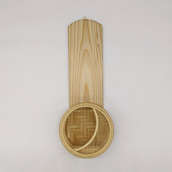 Modern wall-mounted wooden kamidana ofuda holder featuring a delicate bamboo crescent moon design and cedar backplate – view 7
