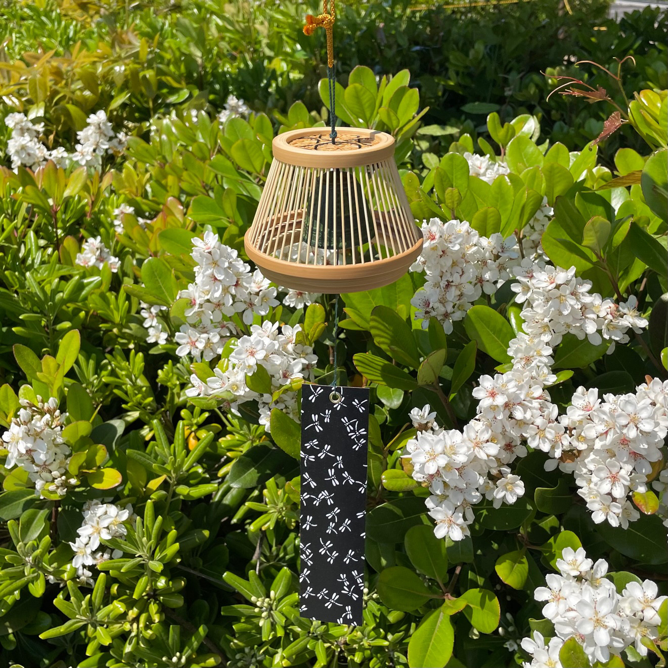 Handcrafted Suruga bamboo wind chime shaped like Mt. Fuji with a dark Nambu iron bell hanging inside