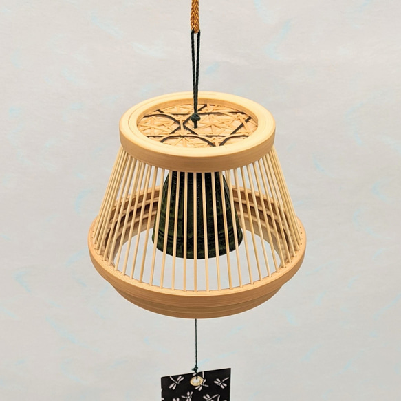 Handcrafted Suruga bamboo wind chime shaped like Mt. Fuji with a dark Nambu iron bell hanging inside – view 3