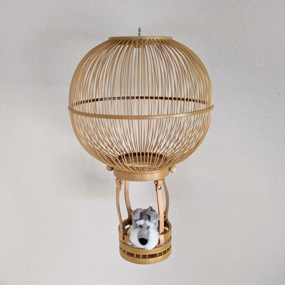 Handcrafted Suruga bamboo hot air balloon hanging ornament with leather accents and a small removable basket. – view 5
